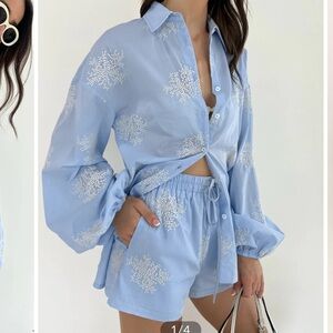 Commense semi sheer Queen Anns lace plant embroidered casual short set NWT small